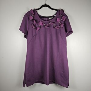 Bradley Bayou Women's XL Ponte Knit Knee Length Shift Dress Purple Bow Neckline